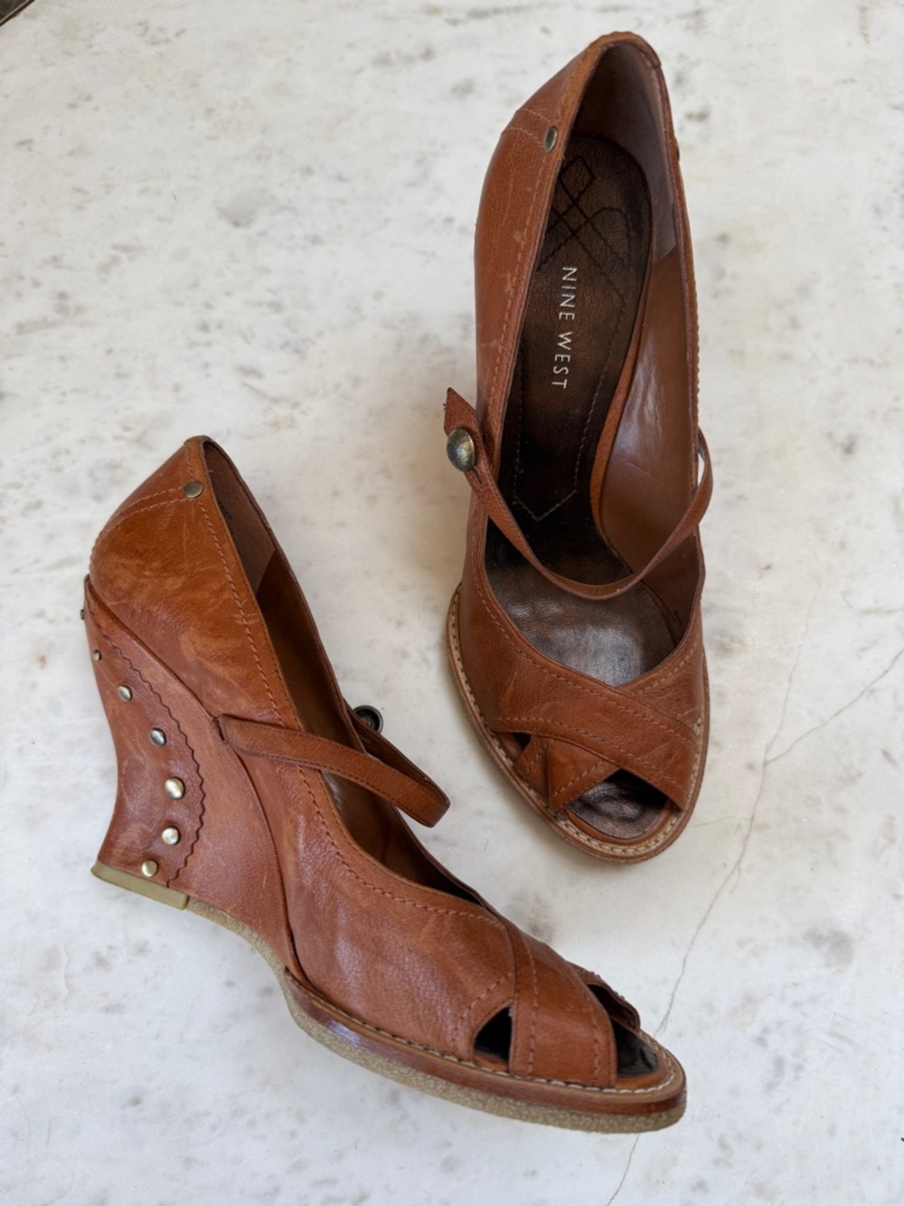 Nine West Cognac Leather Peep-Toe Wedge Sandals with Ankle Strap